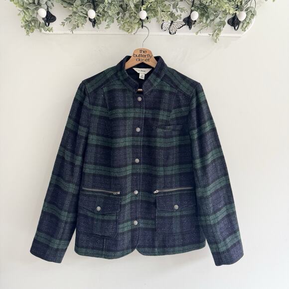 Women’s LL Bean Green Blue Tartan Snap Down Work/chore Coat M Wool Blend qq45 - Picture 1 of 5